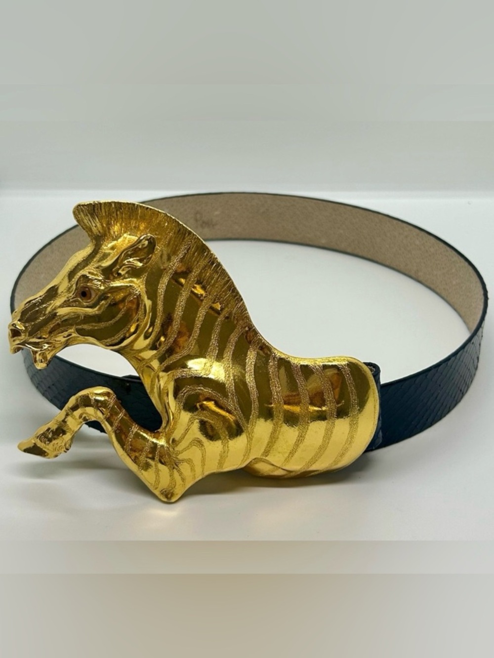 Christopher Ross Vintage Signed 24K Gold Plated Zebra Navy Blue Snakeskin Belt
